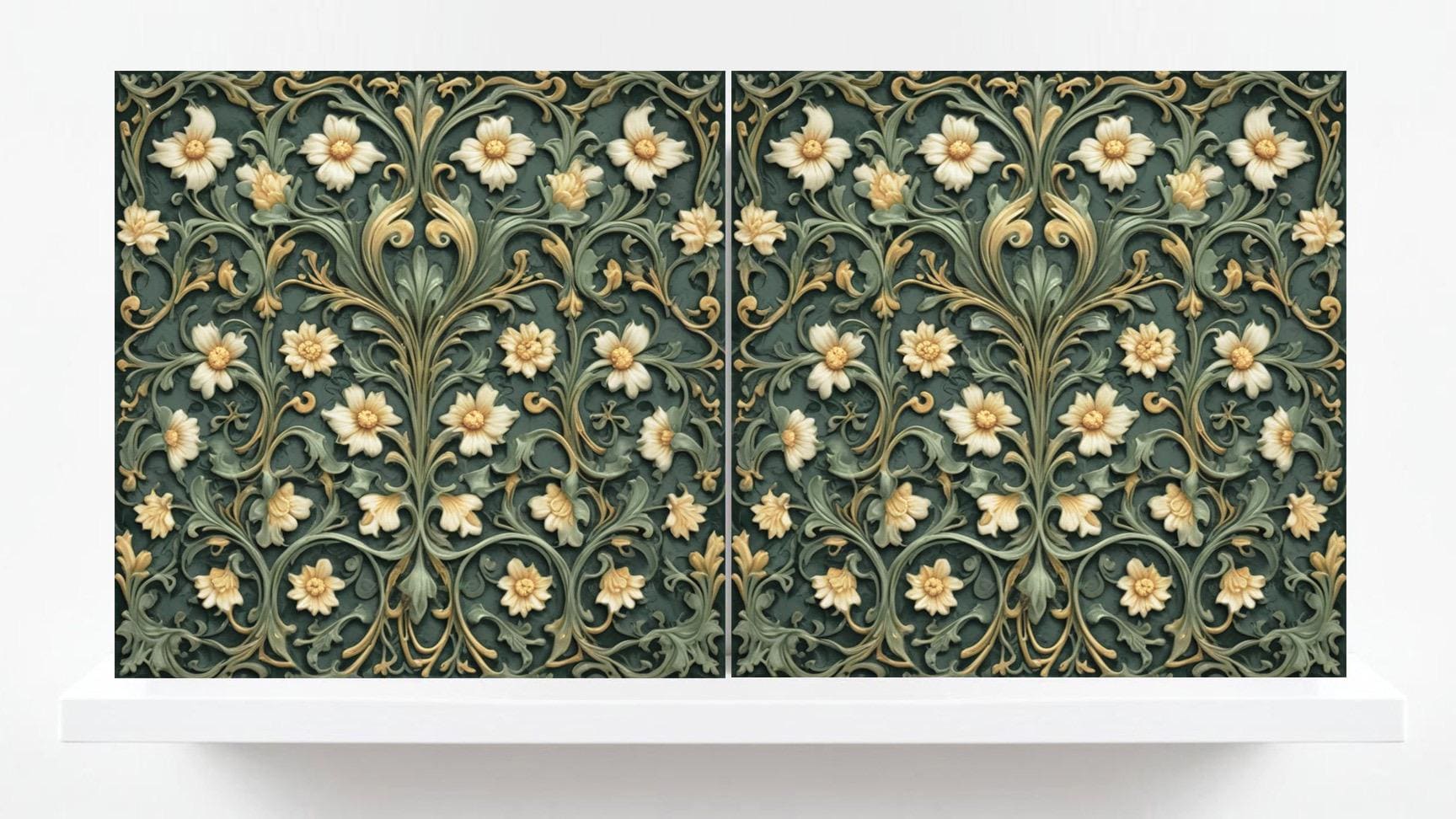 Green Art Nouveau Ceramic Tiles Botanical Print Floral Pattern-Set of 2 Wall Decor - Kitchen Backsplash,Bathroom,Shower Wall,Sink Splashback