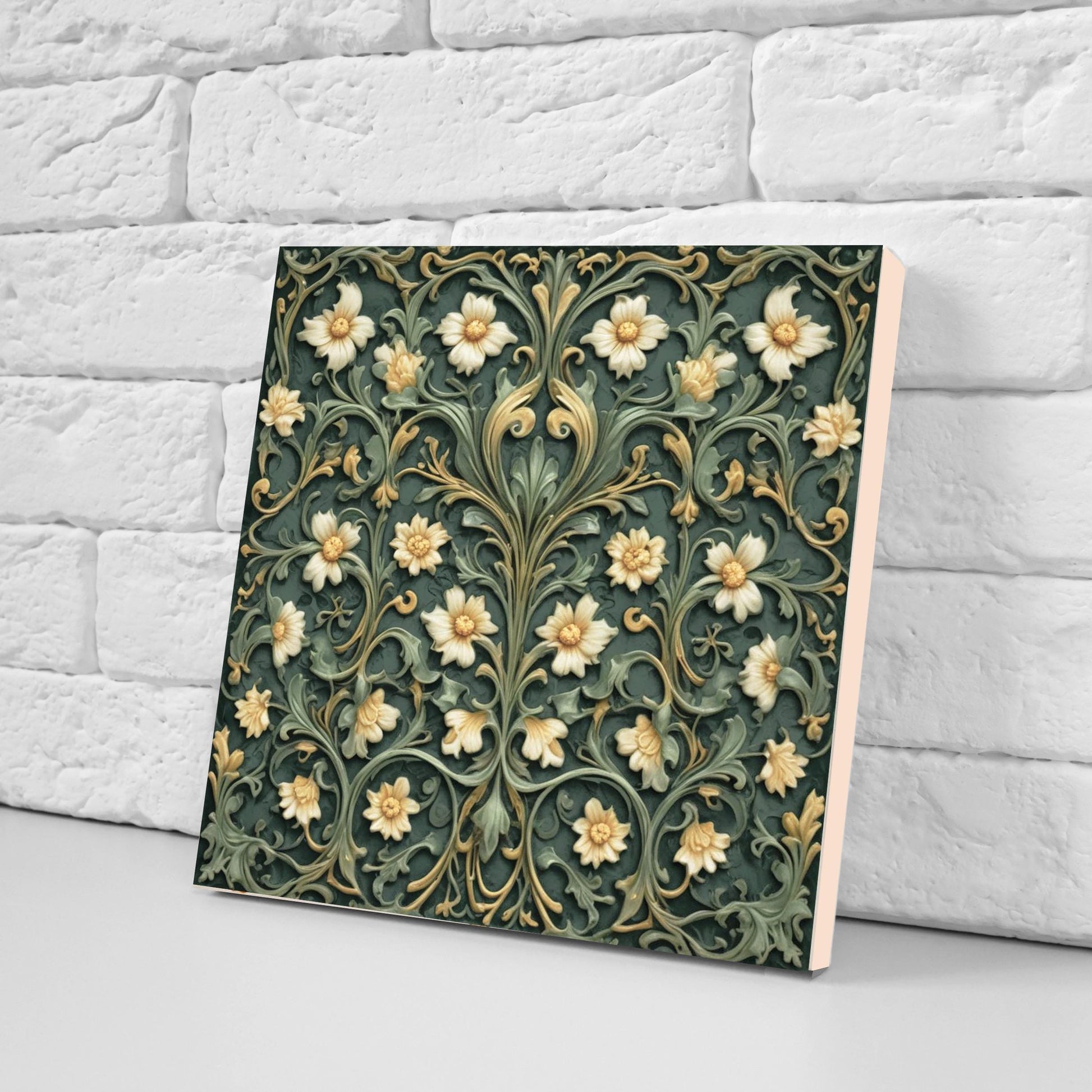 Green Art Nouveau Ceramic Tiles Botanical Print Floral Pattern-Set of 2 Wall Decor - Kitchen Backsplash,Bathroom,Shower Wall,Sink Splashback
