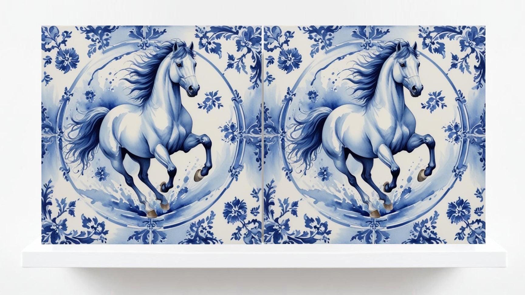 Delft Blue Tile Animal-Horse Tile-Set of 2 Ceramic Delftware Tiles-Delft Prints Countryside Wall Art,Kitchen Backsplash,Sink,Bathroom,Shower