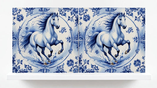 Delft Blue Tile Animal-Horse Tile-Set of 2 Ceramic Delftware Tiles-Delft Prints Countryside Wall Art,Kitchen Backsplash,Sink,Bathroom,Shower