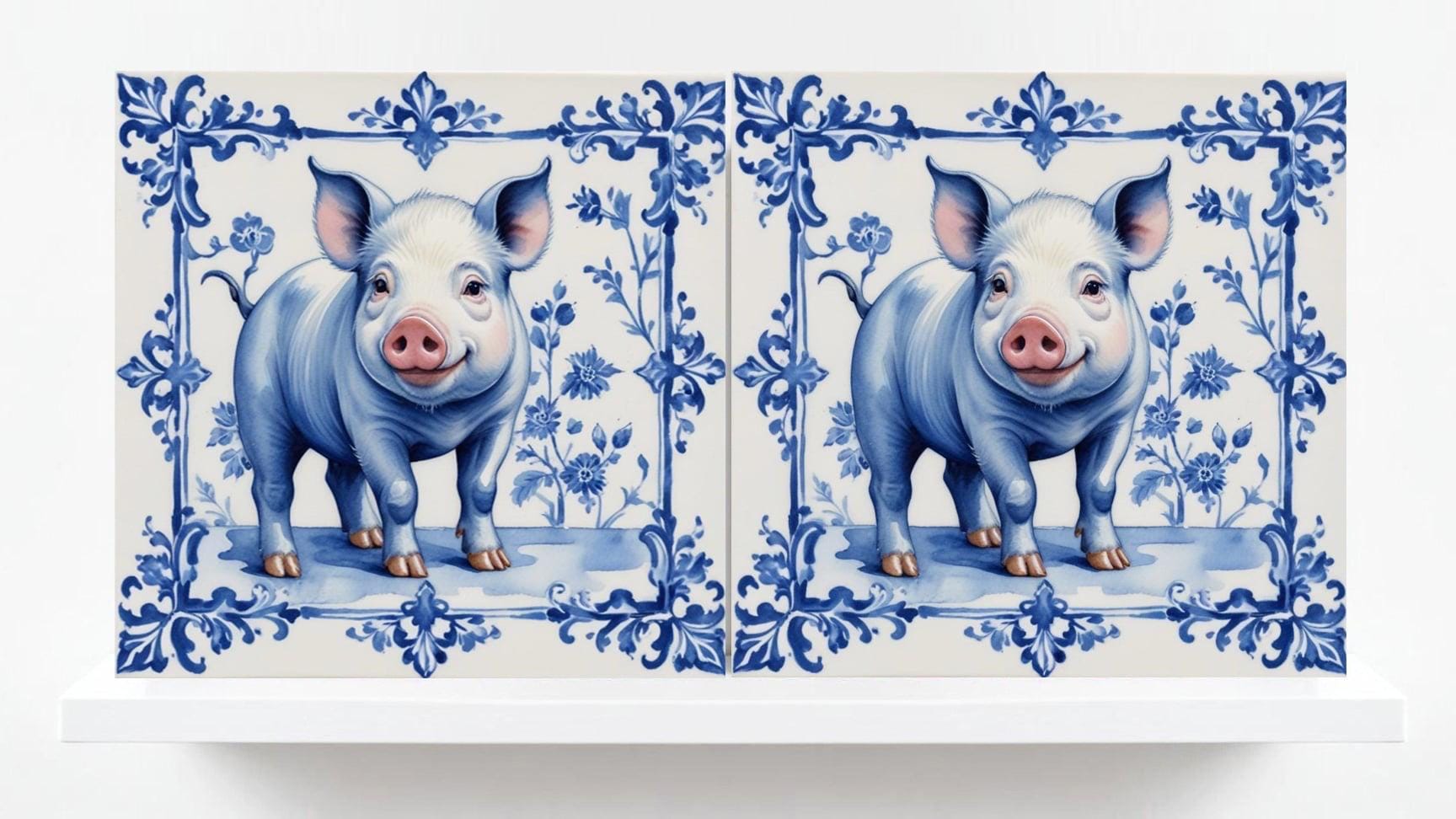 Delft Blue Tile Animal-Pig Print-Set of 2 Ceramic Delftware Tiles-Delft Prints Countryside Wall Art,Kitchen Backsplash,Sink,Bathroom,Shower