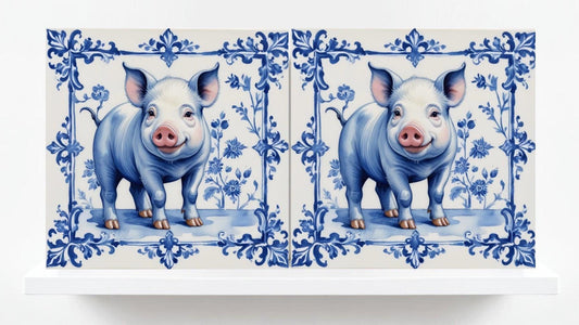 Delft Blue Tile Animal-Pig Print-Set of 2 Ceramic Delftware Tiles-Delft Prints Countryside Wall Art,Kitchen Backsplash,Sink,Bathroom,Shower