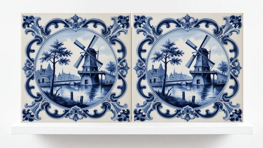 Delft Windmill Tile - Set of 2 Delftware Tiles- Dutch Tiles - Delft Blue Ceramic Tiles - Delft Prints- Kitchen Backsplash, Sink,Bathroom