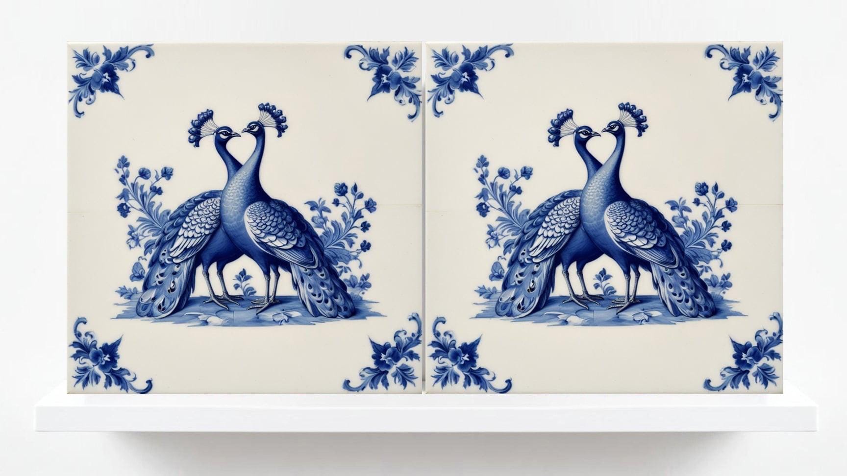 Delft Blue Tile Animal-Bird Tile-Set of 2 Ceramic Delft Corner Tiles-Delft Prints-Peacock Tiles-Kitchen Backsplash,Sink,Bathroom,Shower Wall
