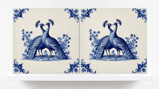 Delft Blue Tile Animal-Bird Tile-Set of 2 Ceramic Delft Corner Tiles-Delft Prints-Peacock Tiles-Kitchen Backsplash,Sink,Bathroom,Shower Wall