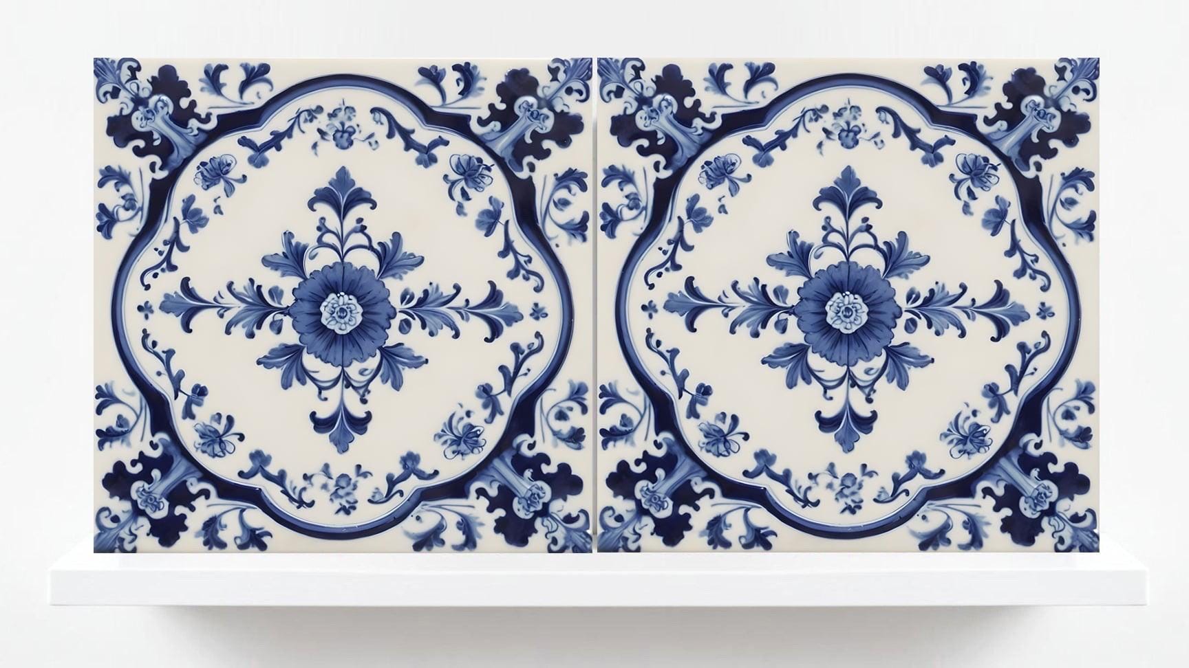 Delft Floral Tile - Delft Blue Tile - Set of 2 Ceramic Delftware Tiles- Flower Tiles - Delft Prints Wall - Kitchen Backsplash, Sink,Bathroom