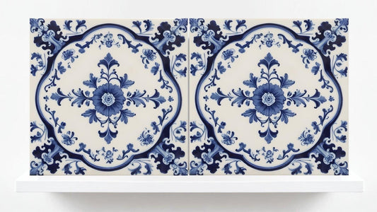 Delft Floral Tile - Delft Blue Tile - Set of 2 Ceramic Delftware Tiles- Flower Tiles - Delft Prints Wall - Kitchen Backsplash, Sink,Bathroom