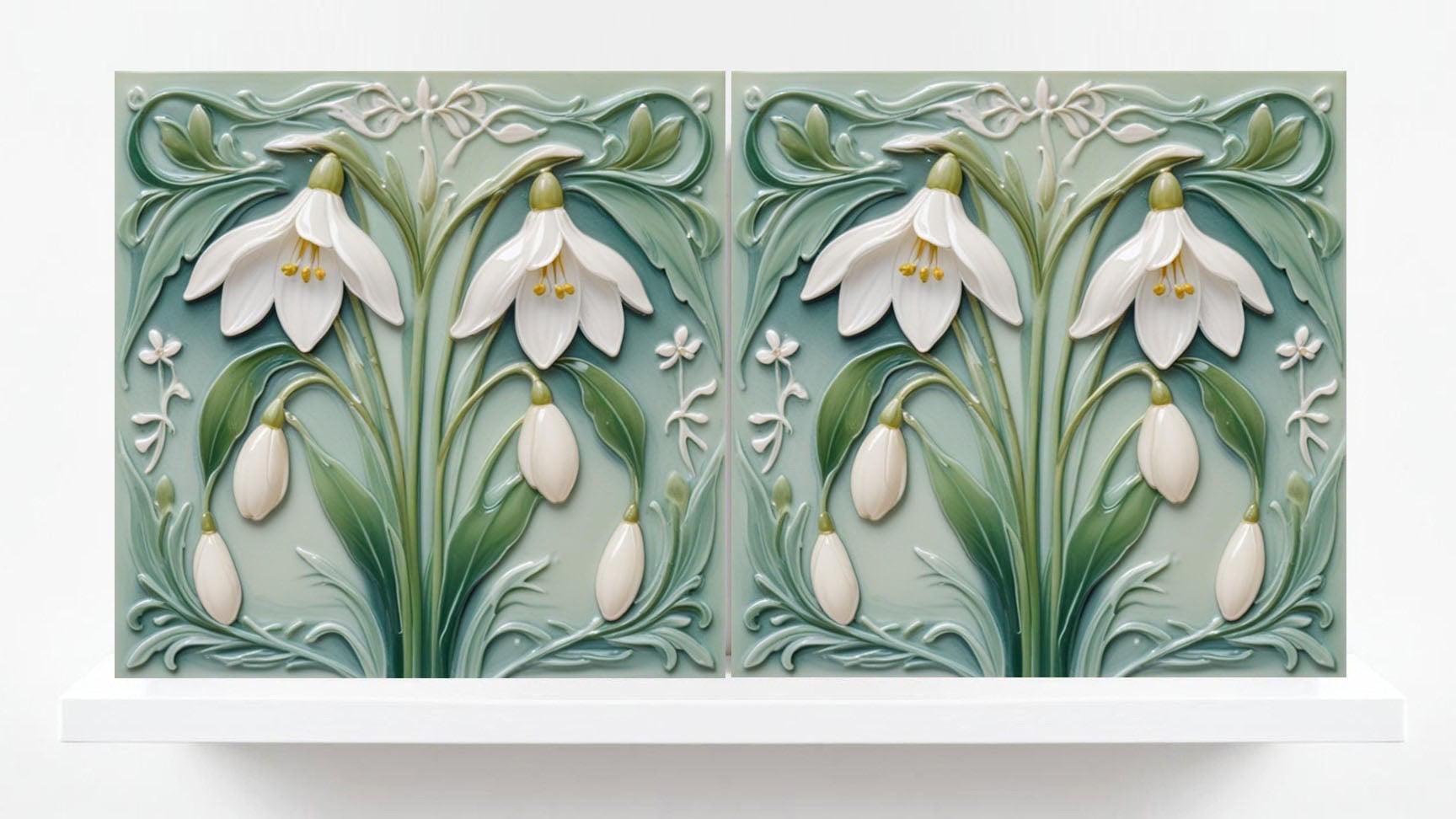 Snowdrop Tile Botanical Print Flower Ceramic Tiles -Set of 2 Green Art Nouveau Wall Decor-Kitchen Backsplash Tiles,Bathroom,Shower Wall,Sink