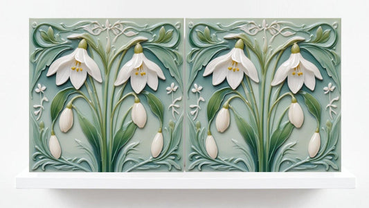 Snowdrop Tile Botanical Print Flower Ceramic Tiles -Set of 2 Green Art Nouveau Wall Decor-Kitchen Backsplash Tiles,Bathroom,Shower Wall,Sink