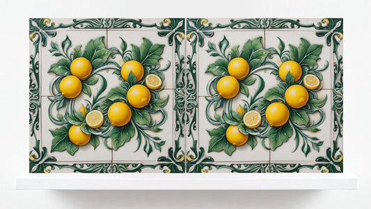 Italian Majolica Lemon Tiles - Set of 2 Mediterranean Wall Decor Tiles -Kitchen Backsplash,Bathroom,Shower Wall,Fireplace, Sink Splashback