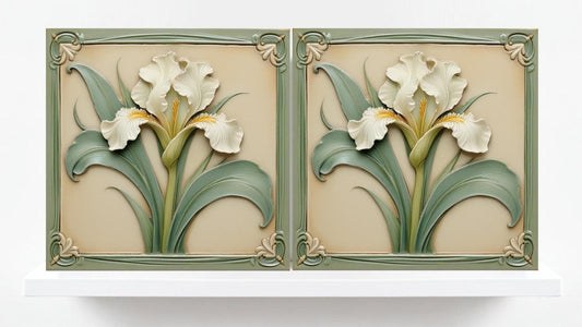 Art Nouveau Flower Ceramic tiles - Set of 2 Botanical Print Irises Wall Decor - Iris Print, Kitchen Backsplash Tiles,Bathroom Shower Decor