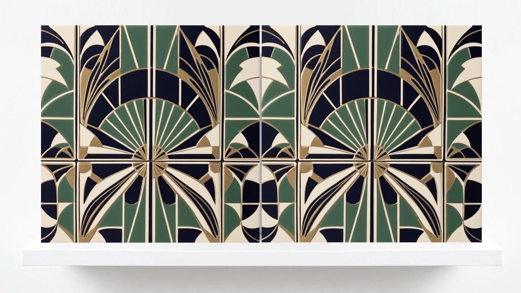 Art Deco Ceramic Tiles Green- Set of 2 Retro Wall Decor Geometric Print - Kitchen Backsplash Tiles,Shower, Bathroom Wall,Sink Splashback