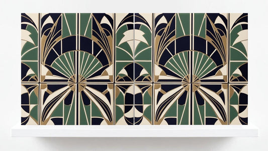 Art Deco Ceramic Tiles Green- Set of 2 Retro Wall Decor Geometric Print - Kitchen Backsplash Tiles,Shower, Bathroom Wall,Sink Splashback