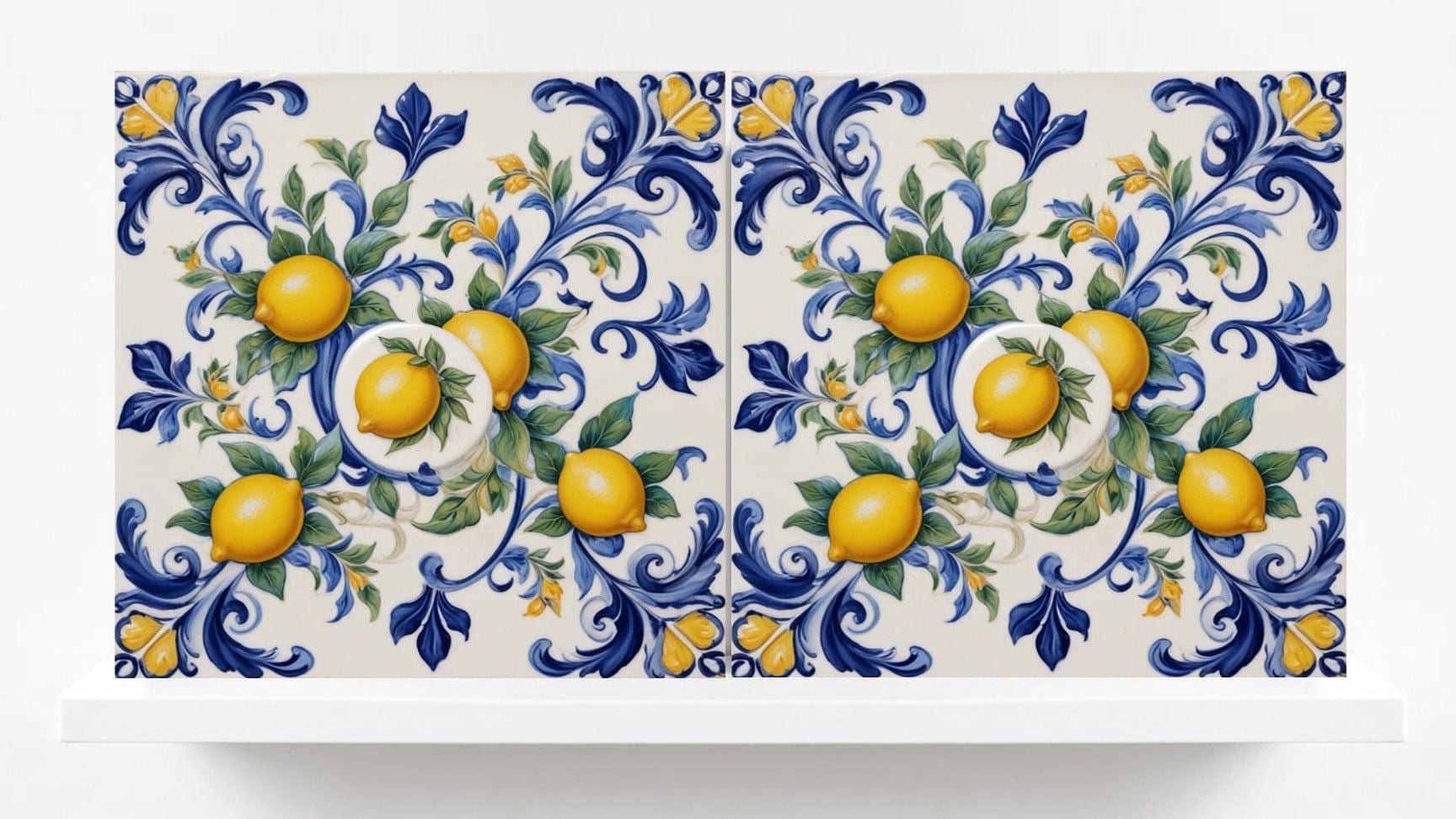 Italian Majolica Lemon Tiles - Set of 2 Mediterranean Wall Decor Fruit Tiles -Kitchen Backsplash,Bathroom,Shower ,Fireplace, Sink Splashback