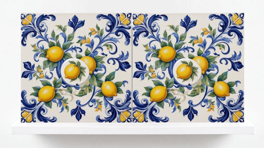 Italian Majolica Lemon Tiles - Set of 2 Mediterranean Wall Decor Fruit Tiles -Kitchen Backsplash,Bathroom,Shower ,Fireplace, Sink Splashback