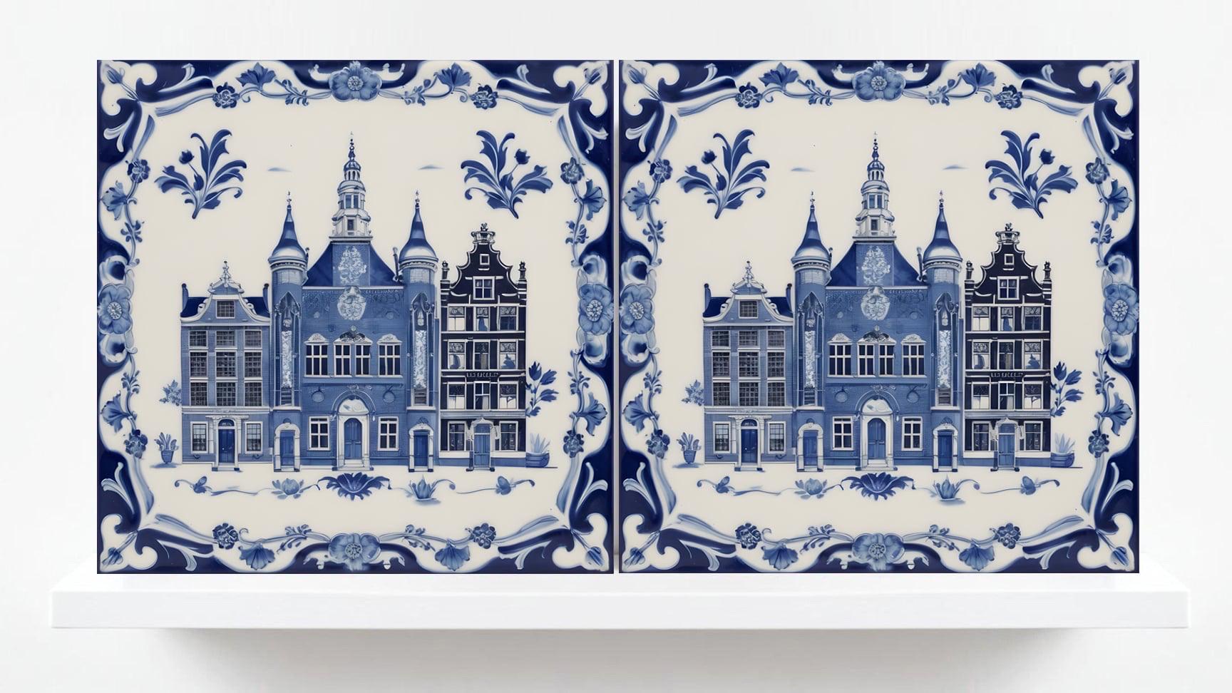Delft Blue Tile - Set of 2 Ceramic Delftware Amsterdam Tiles- Dutch Tiles -Delft Prints- Kitchen Backsplash, Sink Splashback,Bathroom,Shower