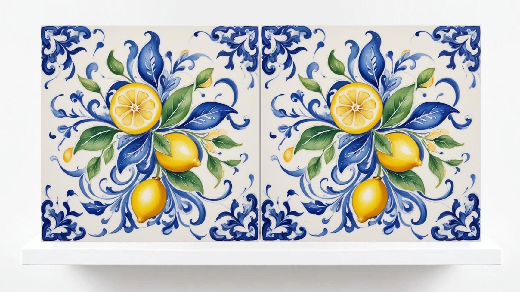 Italian Majolica Lemon Tiles - Set of 2 Mediterranean Wall Decor Fruit Tiles -Kitchen Backsplash,Bathroom,Shower ,Fireplace, Sink Splashback
