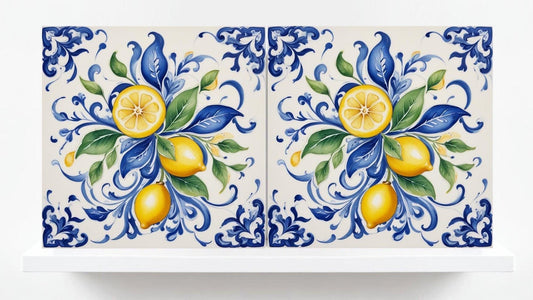 Italian Majolica Lemon Tiles - Set of 2 Mediterranean Wall Decor Fruit Tiles -Kitchen Backsplash,Bathroom,Shower ,Fireplace, Sink Splashback