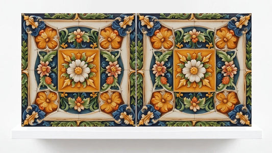 Italian Majolica Flower Set of 2 Sicilian Wall Decor Ceramic Tiles,Kitchen Backsplash Tiles,Sink Splashback,Bathroom,Shower Wall ,Fireplace