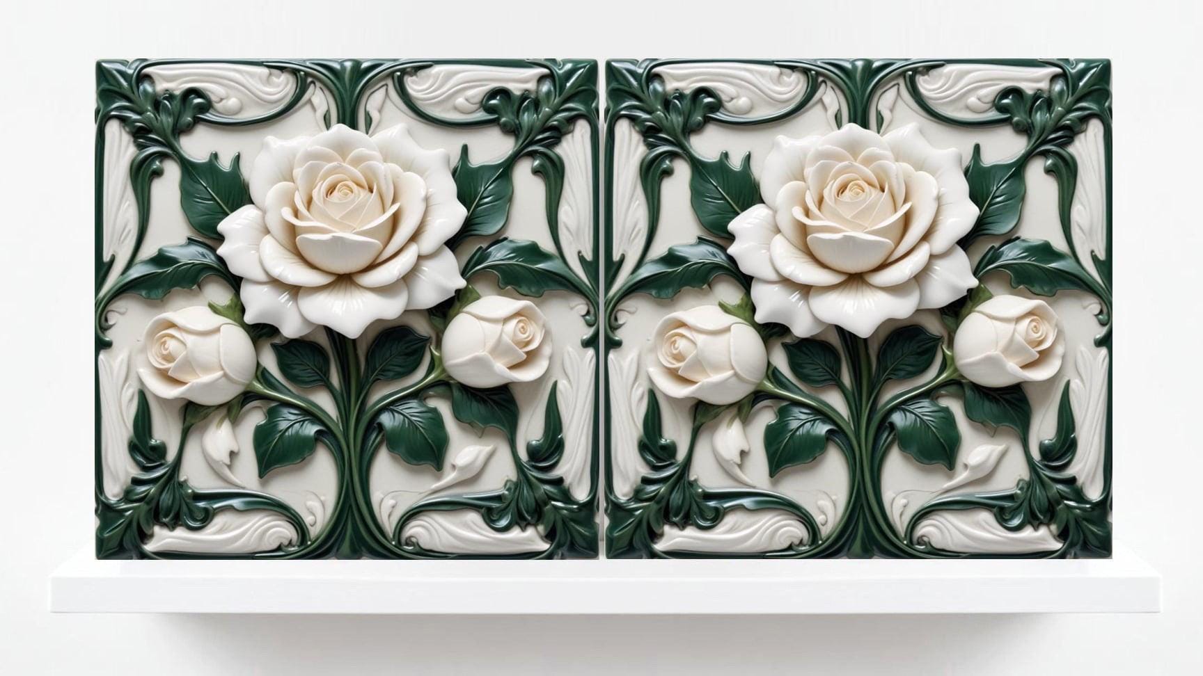 Rose Tile Art Nouveau Flower Ceramic Tiles - Set of 2 Botanical Wall Decor Print -Kitchen Backsplash,Bathroom,Shower Wall,Sink Splashback