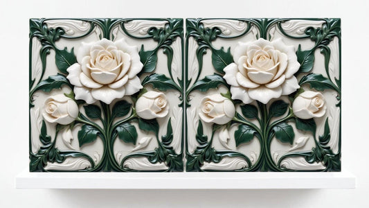 Rose Tile Art Nouveau Flower Ceramic Tiles - Set of 2 Botanical Wall Decor Print -Kitchen Backsplash,Bathroom,Shower Wall,Sink Splashback