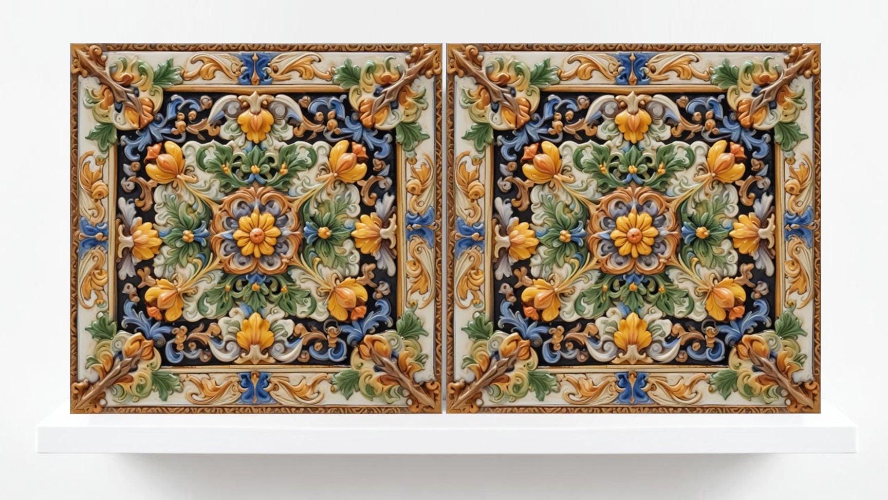 Italian Majolica Floral Tiles - Set of 2 Mediterranean Flower Wall Decor -Kitchen Backsplash,Bathroom, Shower Wall,Fireplace,Sink Splashback