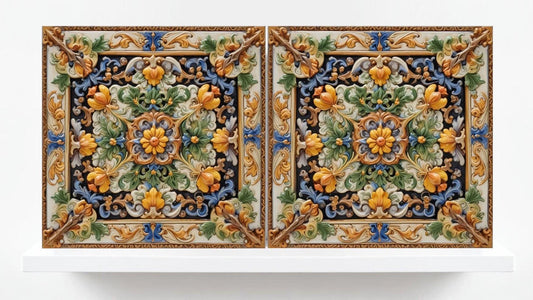 Italian Majolica Floral Tiles - Set of 2 Mediterranean Flower Wall Decor -Kitchen Backsplash,Bathroom, Shower Wall,Fireplace,Sink Splashback