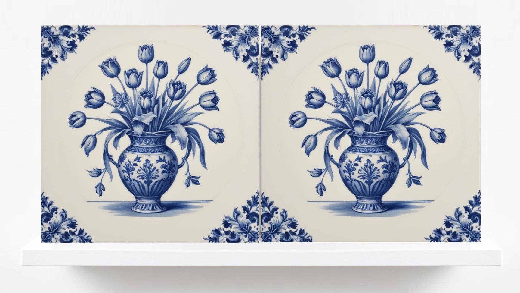 Delft Tulip Tile- Delft Blue Tile -Set of 2 Ceramic Delft Floral Tiles- Flower Tiles - Delft Prints Wall - Kitchen Backsplash, Sink,Bathroom