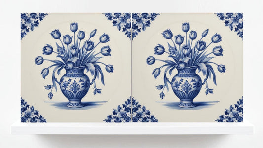 Delft Tulip Tile- Delft Blue Tile -Set of 2 Ceramic Delft Floral Tiles- Flower Tiles - Delft Prints Wall - Kitchen Backsplash, Sink,Bathroom