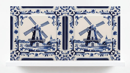 Delft Windmill Blue Ceramic Tile - Set of 2 Delftware Tiles-Delft Blue Ceramic Windmills - Delft Prints- Kitchen Backsplash,Sink,Bathroom