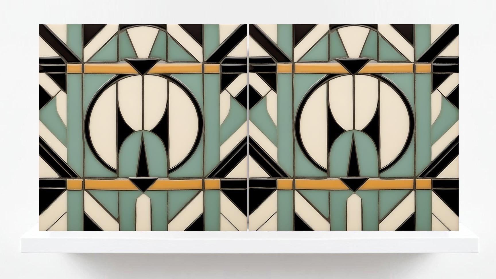 Art Deco Tile Green Backsplash - Set of 2 Retro Wall Decor Geometric Tiles - Kitchen, Bathroom, Sink Splashback,Shower Wall Art,Fireplace