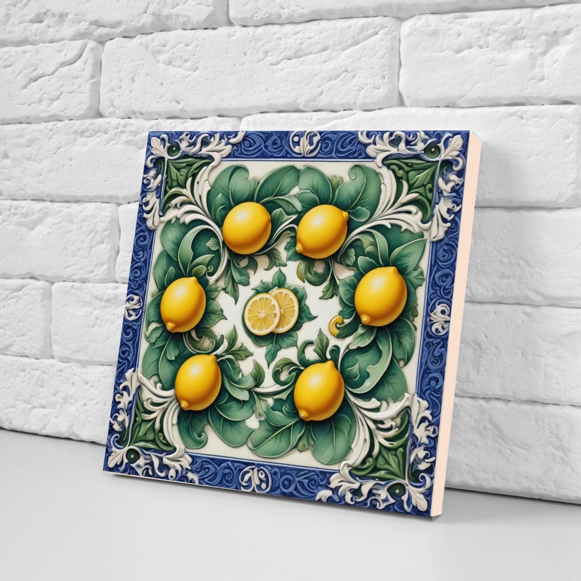 Italian Majolica Lemon Tiles - Set of 2 Mediterranean Wall Decor Tiles -Kitchen Backsplash,Bathroom,Shower Wall,Fireplace, Sink Splashback