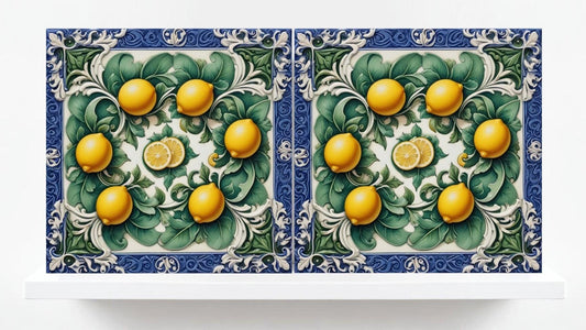 Italian Majolica Lemon Tiles - Set of 2 Mediterranean Wall Decor Tiles -Kitchen Backsplash,Bathroom,Shower Wall,Fireplace, Sink Splashback