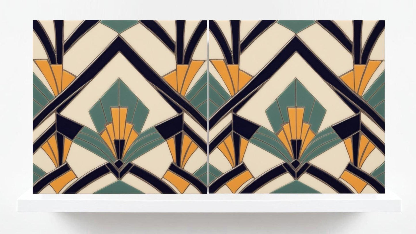 Art Deco Ceramic tiles - Set of 2 Art Deco Wall Decor Geometric Tiles - Kitchen Backsplash, Bathroom, Shower Wall,Sink Splashback, Fireplace