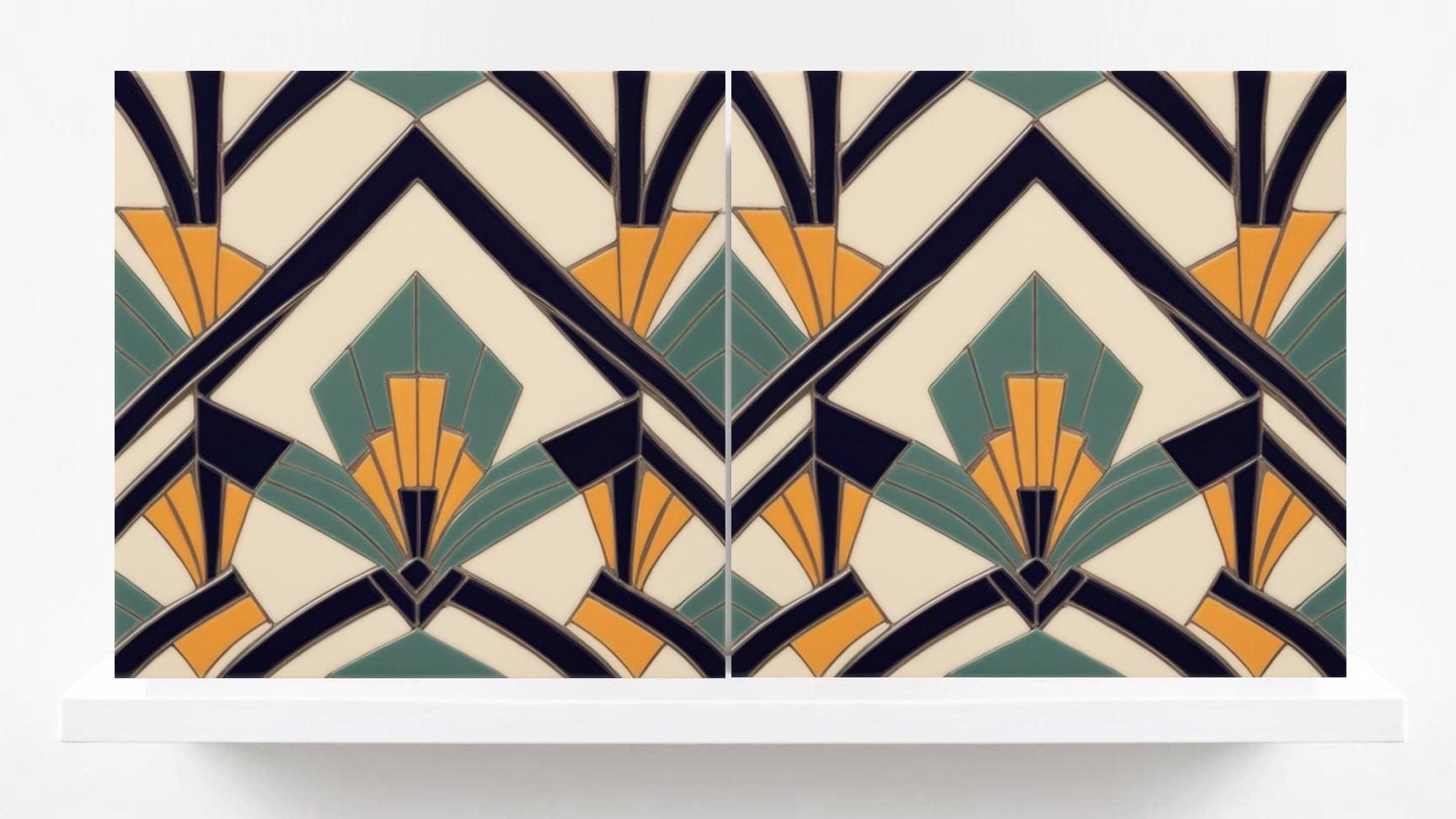 Art Deco Ceramic tiles - Set of 2 Art Deco Wall Decor Geometric Tiles - Kitchen Backsplash, Bathroom, Shower Wall,Sink Splashback, Fireplace