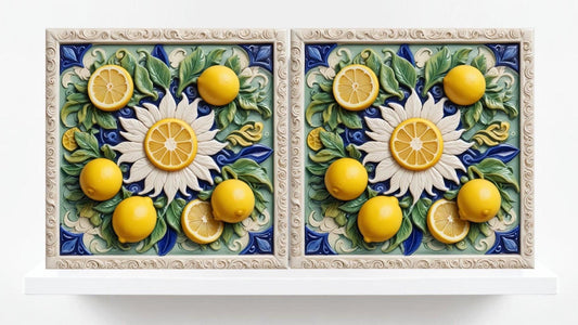 Italian Majolica Lemon Tiles - Set of 2 Fruit Wall Decor Tiles -Kitchen Backsplash, Shower Wall, Fireplace,Sink Splashback,Bathroom Tiles