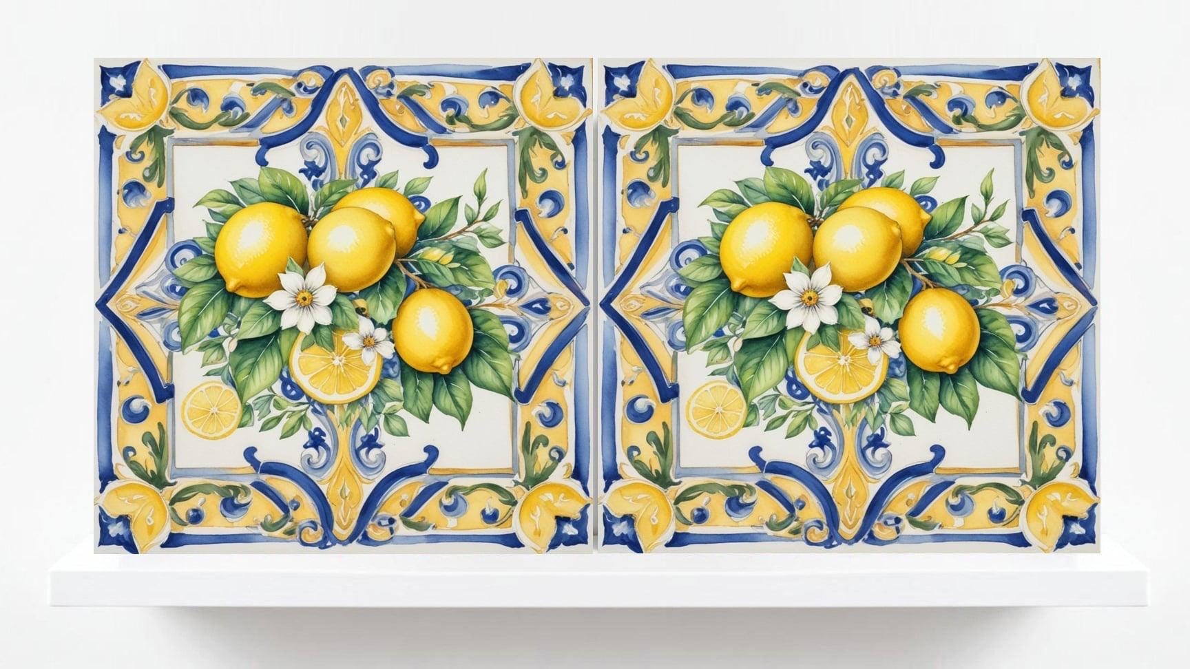 Italian Majolica Lemon Fruit Tiles - Set of 2 Mediterranean Wall Art Decor-Kitchen Backsplash,Bathroom,Shower Wall,Fireplace,Sink Splashback