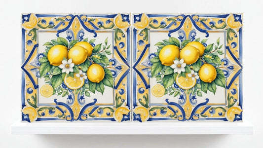 Italian Majolica Lemon Fruit Tiles - Set of 2 Mediterranean Wall Art Decor-Kitchen Backsplash,Bathroom,Shower Wall,Fireplace,Sink Splashback