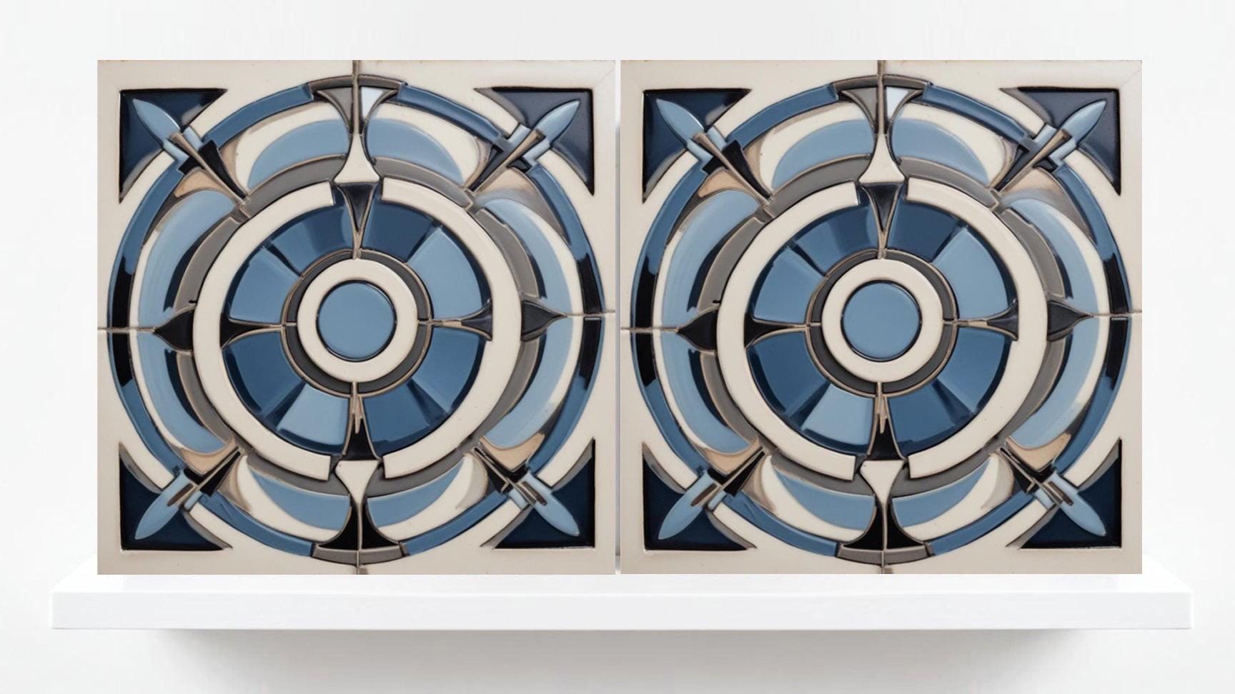 Art Deco Ceramic tiles Blue - Set of 2 Art Deco Wall Decor Geometric Tiles - Kitchen Backsplash , Bathroom, Sink Splashback, Accent Wall Art