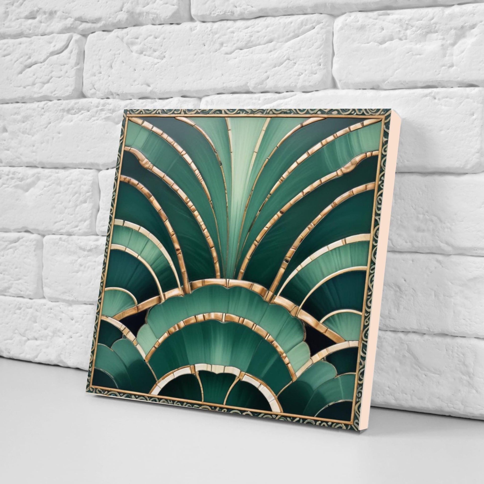 Art Deco Ceramic Tiles Green- Set of 2 Retro Wall Decor Geometric Tiles - Kitchen Backsplash,Sink Splashback,Shower, Bathroom Art,Fireplace