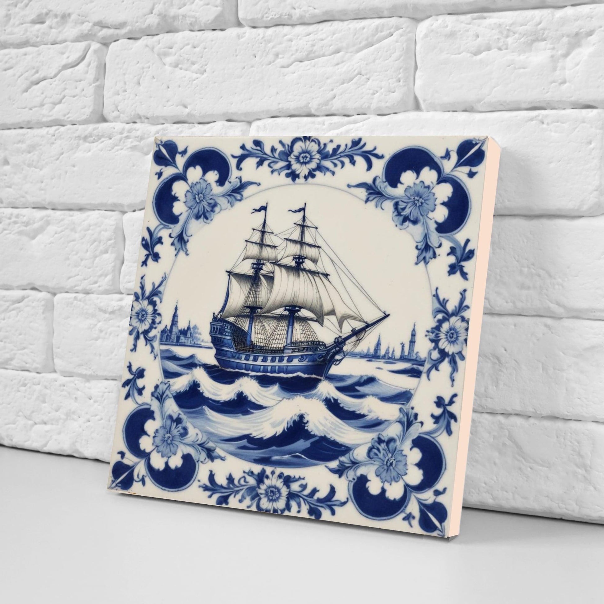 Delft Blue Ceramic Tile - Set of 2 Ceramic Delftware Tiles-Delft Tile with Ship - Delft Prints- Kitchen Backsplash,Sink,Bathroom,Shower Wall