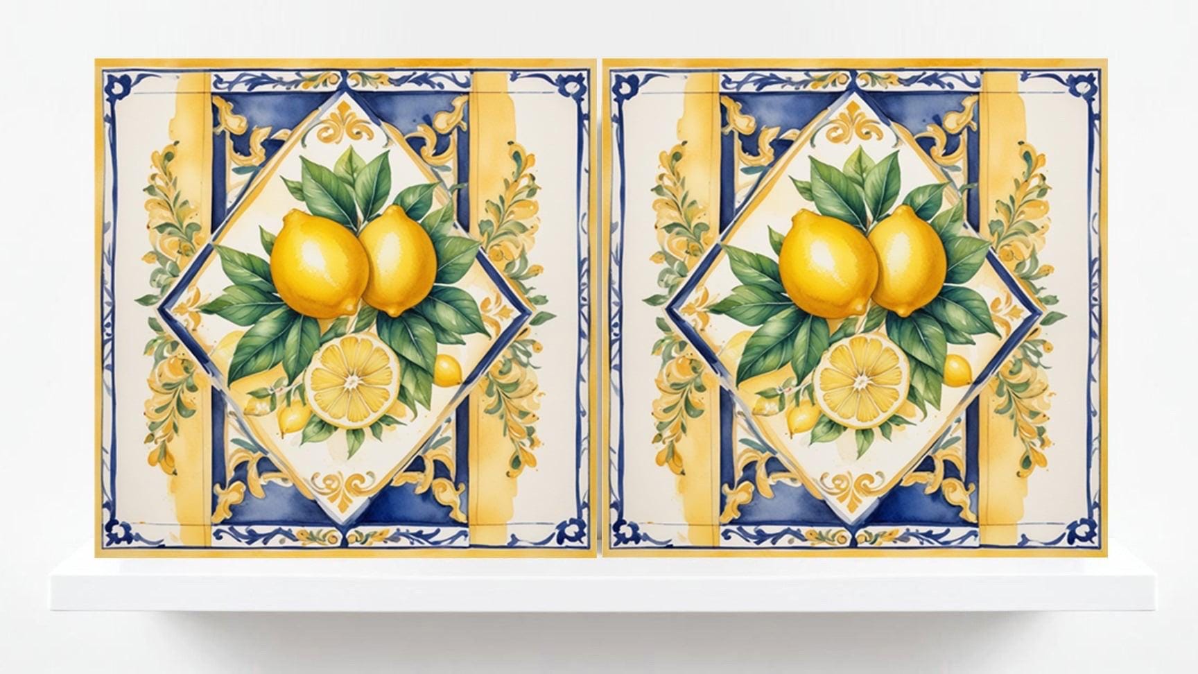 Italian Majolica Lemon Tiles - Set of 2 Fruit Wall Decor Print - Kitchen Backsplash, Shower, Bathroom Wall Art, Sink Splashback, Fireplace