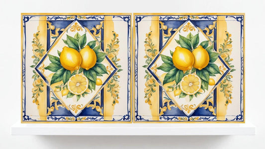 Italian Majolica Lemon Tiles - Set of 2 Fruit Wall Decor Print - Kitchen Backsplash, Shower, Bathroom Wall Art, Sink Splashback, Fireplace