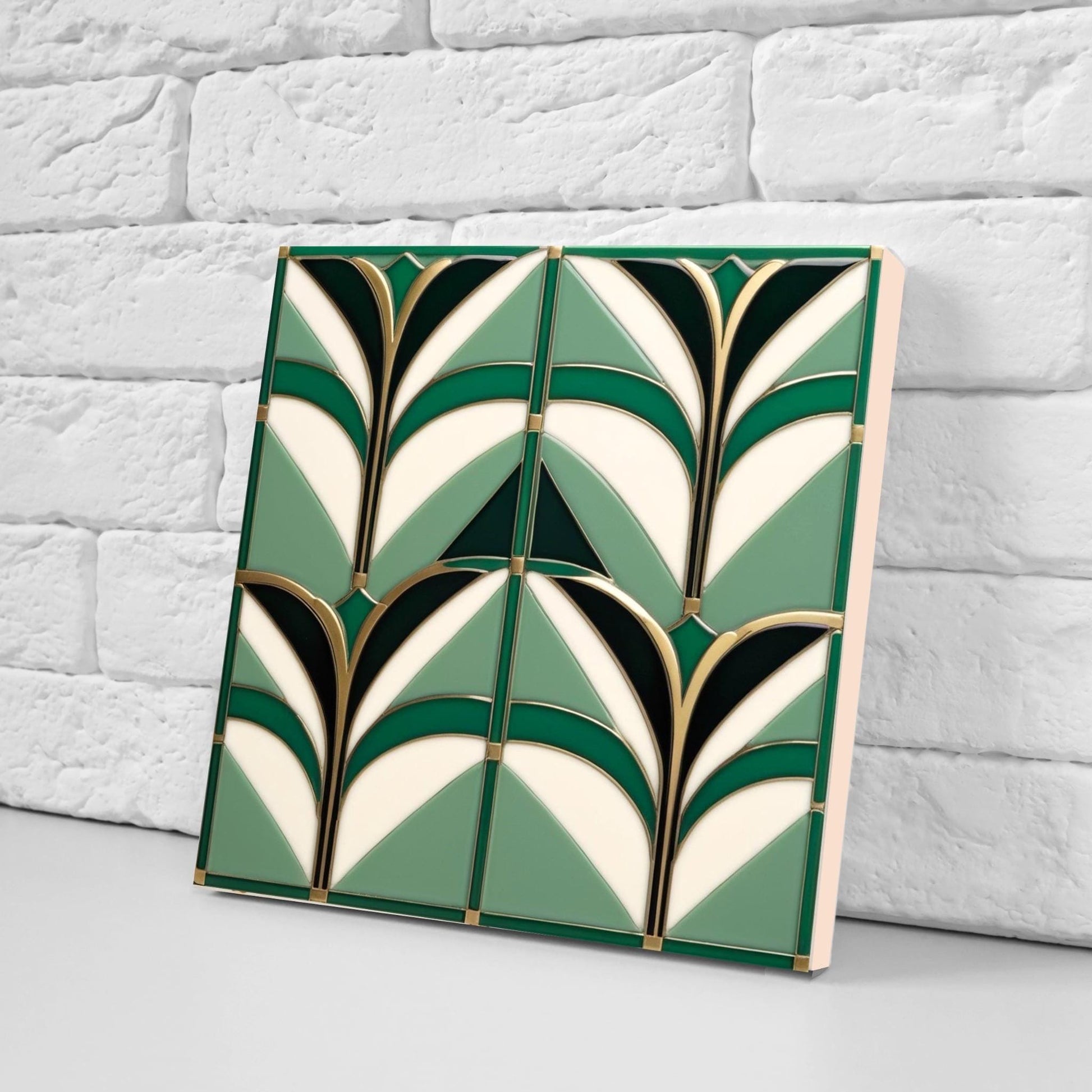 Art Deco Ceramic Tiles Green-Set of 2 Retro Wall Decor Geometric Tiles -Kitchen Backsplash,Shower,Bathroom Wall,Sink Splashback,Fireplace