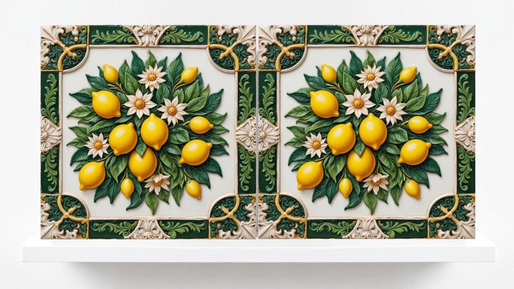 Italian Majolica Lemon Tiles - Set of 2 Mediterranean Wall Decor Tiles -Kitchen Backsplash,Bathroom,Shower Wall,Fireplace, Sink Splashback