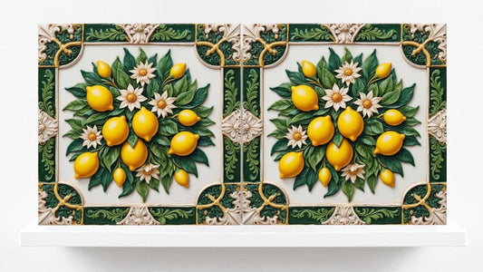 Italian Majolica Lemon Tiles - Set of 2 Mediterranean Wall Decor Tiles -Kitchen Backsplash,Bathroom,Shower Wall,Fireplace, Sink Splashback