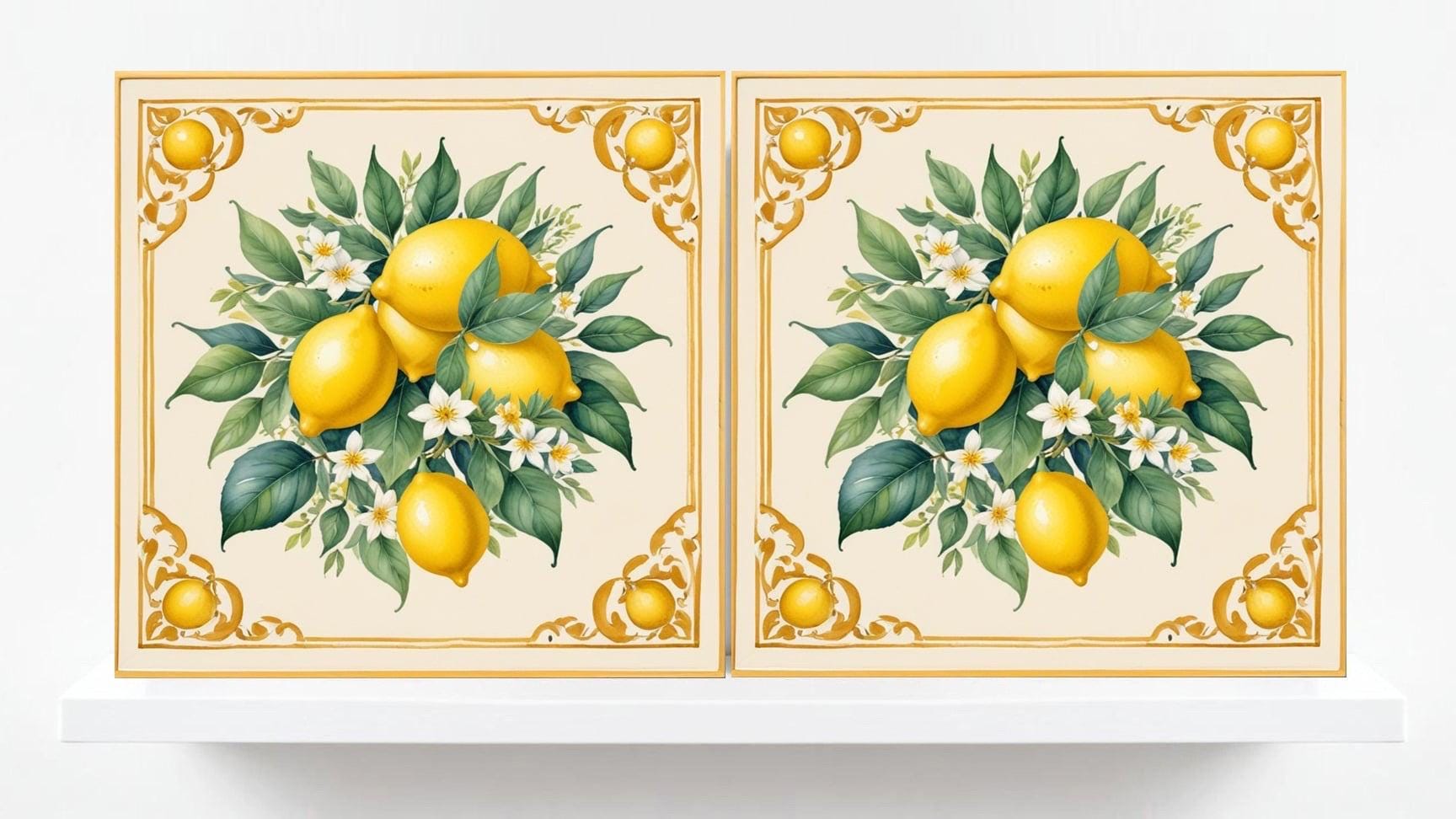 Italian Majolica Lemon Tiles-Set of 2 Fruit Wall Decor Print -Kitchen Backsplash Tiles, Shower,Bathroom,Fireplace, Sink Splashback,Fireplace