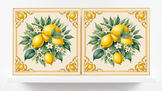 Italian Majolica Lemon Tiles-Set of 2 Fruit Wall Decor Print -Kitchen Backsplash Tiles, Shower,Bathroom,Fireplace, Sink Splashback,Fireplace
