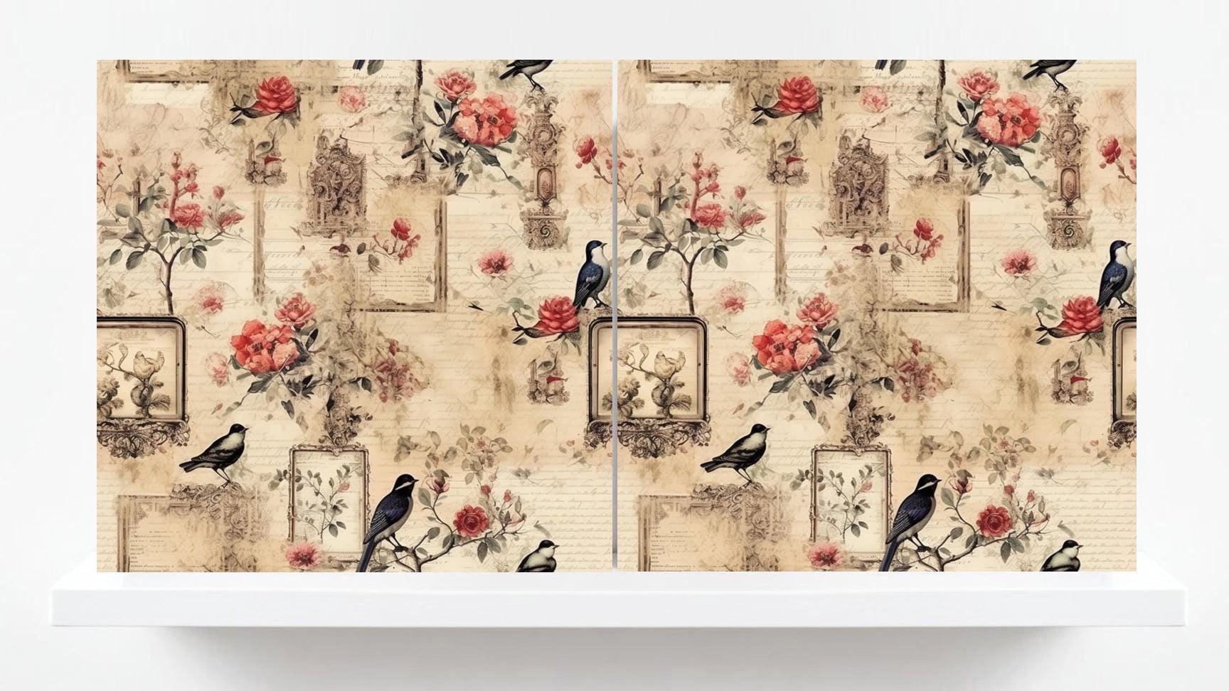 Bird Floral Ceramic Tiles - Set of 2 Botanical Wall Art Print Decor Tiles -Kitchen Backsplash,Bathroom,Shower Wall,Sink Splashback,Fireplace