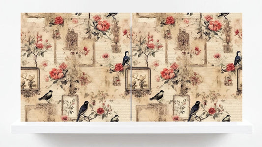 Bird Floral Ceramic Tiles - Set of 2 Botanical Wall Art Print Decor Tiles -Kitchen Backsplash,Bathroom,Shower Wall,Sink Splashback,Fireplace